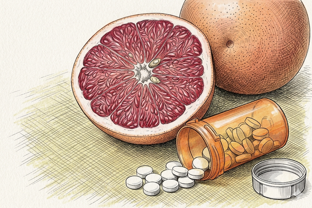 Ilustrasi obat dan jeruk bali berdampingan untuk diminum.Photo by Gemini AI