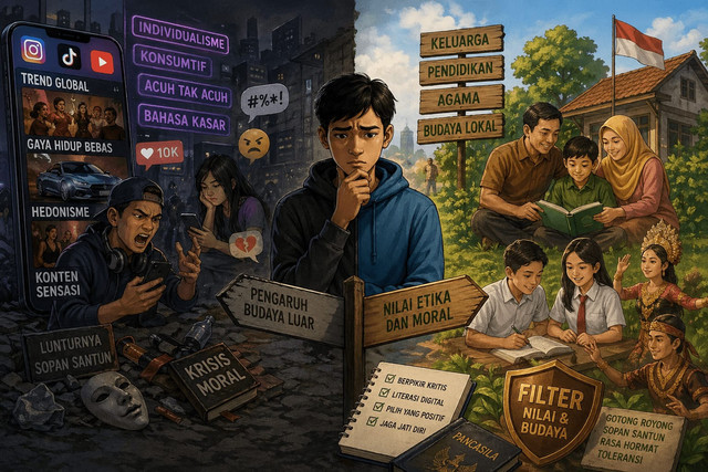 Ilustrasi ini menunjukkan seorang pemuda di persimpangan antara pengaruh negatif budaya luar dan nilai positif seperti keluarga, pendidikan, dan moral, yang menegaskan pentingnya memilih jalan yang tepat. Sumber: AI Pictures