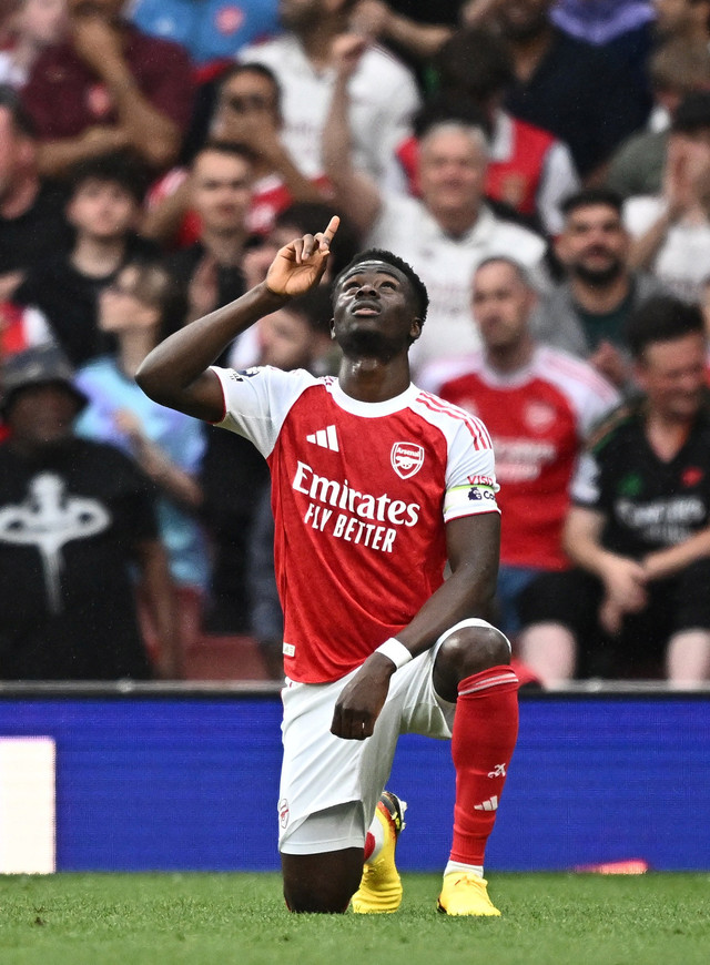 Bukayo Saka saat Arsenal vs Fulham dalam laga pekan ke-35 Premier League 2025/26 di Stadion Emirates, Sabtu (2/5) malam WIB. Foto: Action Images via Reuters/Paul Childs