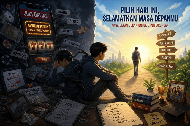 Ilustrasi ini menampilkan kontras dua sisi kehidupan: di kiri, seorang pemuda terjerat judi online dengan suasana gelap, penuh utang, stres, dan penyesalan; di kanan, terlihat masa depan cerah dengan jalan menuju pendidikan, kerja keras, dan kesuksesan. Sumber: AI Pictures