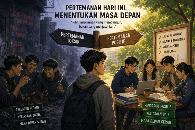 Ilustrasi menunjukkan dua jenis pertemanan: sisi kiri pertemanan toksik yang memicu kebiasaan buruk, dan sisi kanan pertemanan positif yang mendorong perkembangan diri dan masa depan cerah. Sumber: AI Pictures