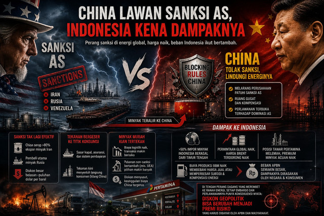 Ilustrasi China tolak sanksi AS, tapi berdampak pada Indonesia. Foto: Generated by AI
