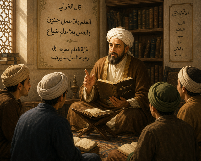 Ilustrasi: Imam Al-Ghozali Mengajarkan kitab Adab kepada muridnya. (Chatgpt ilustrasi)