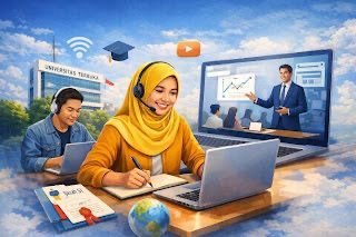 Ilustrasi mahasiswa kuliah Universitas Terbuka saat kuliah jarak jauh secara daring. Foto: Dok. Istimewa