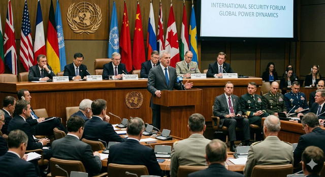 Illustration of the atmosphere of an international security forum dominated by masculine figures Generated by Gemini, an AI by Google