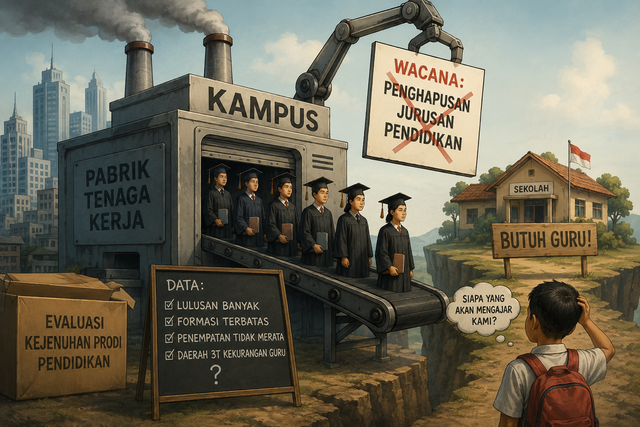 Ilustrasi menggambarkan kampus sebagai “pabrik” yang memproduksi lulusan di tengah wacana penghapusan prodi pendidikan, sementara di sisi lain sekolah masih kekurangan guru—menyoroti ketimpangan antara jumlah lulusan dan distribusi tenaga pendidik. Foto: Generated by AI