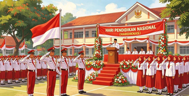 Ilustrasi upacara peringatan Hari Pendidikan Nasional (sumber foto: kreasi AI)