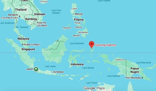 Lokasi Gunung Dukono di Pulau Halmahera, Provinsi Maluku Utara Foto: Google Maps