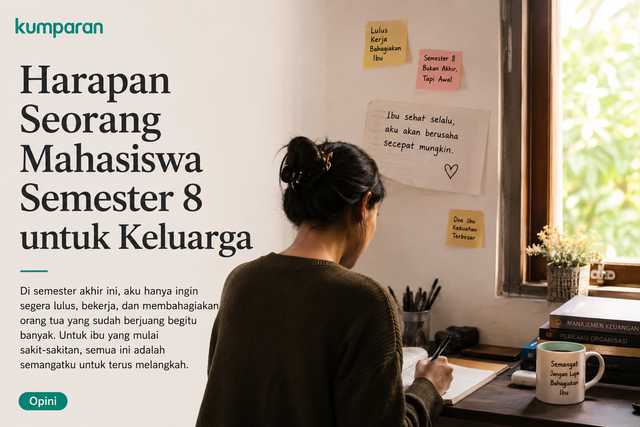 Ilustrasi mahasiswa semester akhir  yang sedang menulis harapan untuk keluarga.