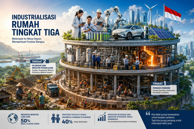 Ilustrasi eksperimen pembangunan industrialisasi rumah lantai tiga. Foto: Generated by AI