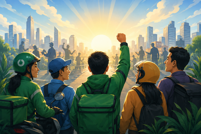 Ilustrasi pekerja transportasi online menyambut pengakuan negara terhadap pekerja platform sebagai bagian dari langkah menuju ekonomi digital yang lebih adil dan manusiawi. Gambar dibuat menggunakan kecerdasan buatan OpenAI.