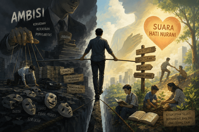 Ilustrasi ini menunjukkan pertarungan antara ambisi dan hati nurani dalam diri manusia, antara keserakahan dan nilai kejujuran serta integritas. Sumber AI Pictures