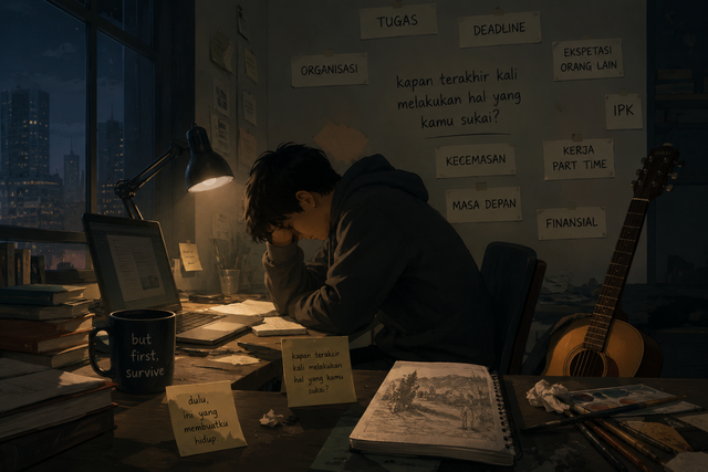 Ilustrasi ini menggambarkan tekanan hidup modern yang membuat banyak anak muda perlahan kehilangan semangat, hobi, dan dirinya sendiri. Foto: Generated by AI