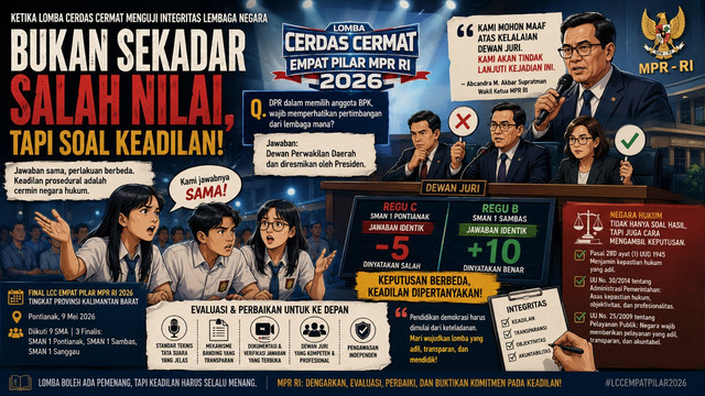 Ilustrasi jawaban sama, nasib berbeda: Ketika keadilan dipermalukan di LCC MPR 2026. Foto: Gemini AI