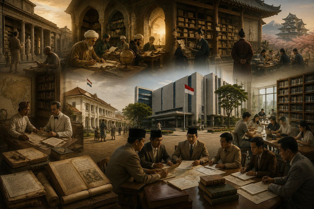 Perpustakaan sejak awal tidak pernah sekadar tempat menyimpan buku. Ia selalu hadir bersama kekuasaan, memori kolektif, ilmu pengetahuan, dan cara negara mengelola masyarakatnya (Gambar dibuat dengan AI) .