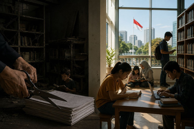 Perpustakaan, kekuasaan, dan anggaran selalu saling terkait. Cara negara mengalokasikan anggaran menunjukkan bagaimana perpustakaan dipandang: sebagai beban birokrasi atau sebagai infrastruktur pengetahuan bangsa (Gambar dibuat dengan AI) .