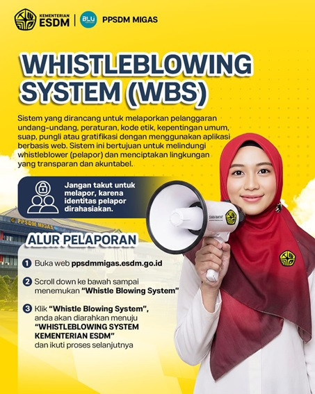 Flyer WBS di PPSDM Migas agar pegawai dan masyarakat mengetahui cara pelaporan terhadap pelanggaran. (Dok. Humas PPSDM Migas)