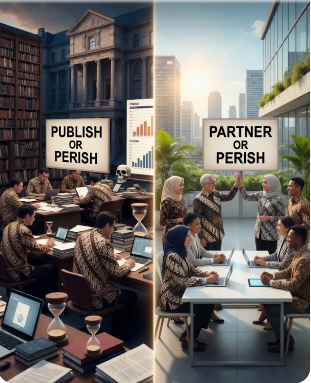 Ilustrasi kampus dengan Publish or Perish dan kampus denan Partner or Perish sebagai jargon. (Sumber: Grok.com)