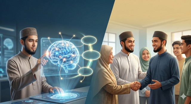 Ilustrasi kolaborasi antara kecerdasan intelektual, teknologi, dan nilai-nilai keislaman menjadi fondasi dalam membangun masyarakat yang humanis, beradab, dan berkemajuan di era digital. Foto: Gemini AI