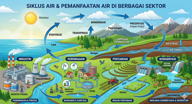 Ilustrasi Siklus Air dan Pembangunan Berkelanjutan, dibuat dg Gemini AI