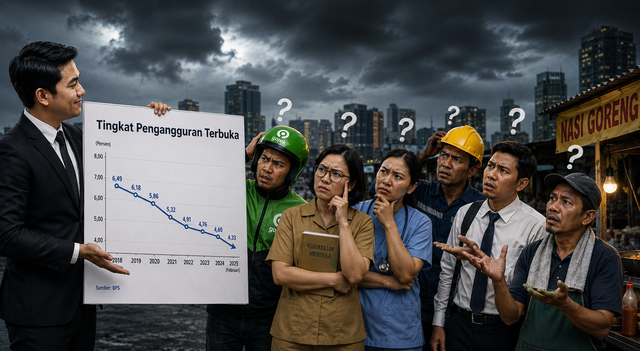 ilustrasi Angka Statistik Pengangguran Turun tapi Pekerja banyak kena PHK (generated illustration from GPT.AI)
