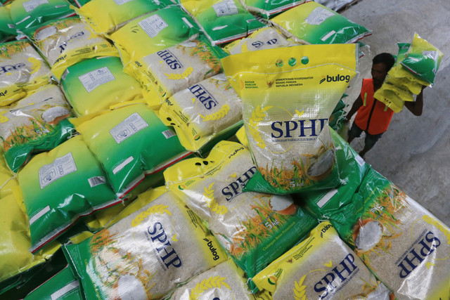 Pekerja mengangkut karung berisi beras program Stabilisasi Pasokan dan Harga Pangan (SPHP) di gudang Perum Bulog Meulaboh, Aceh Barat, Aceh, Kamis (14/5/2026). Foto: Syifa Yulinnas/ANTARA FOTO