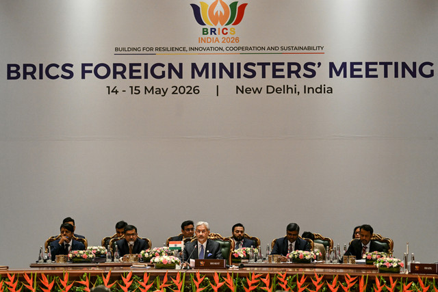 Menlu India Subrahmanyam Jaishankar (tengah) menyampaikan pidato dalam Pertemuan Menteri Luar Negeri BRICS di Bharat Mandapam, New Delhi, India (14/5/2026). Foto: Arun Sankar/AFP