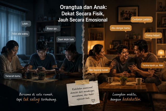 Ilustrasi hubungan orang tua dan anak yang terlihat dekat secara fisik, tetapi memiliki jarak emosional akibat kurangnya komunikasi dan kesibukan di era modern.