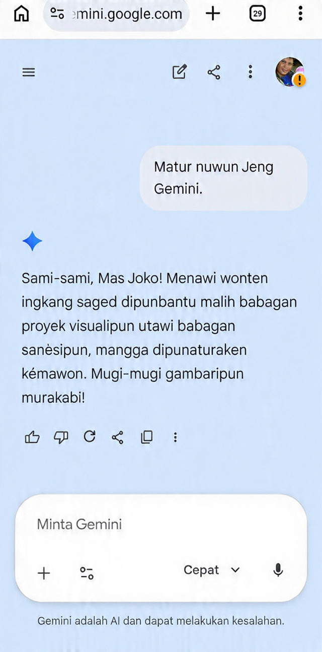 Tangkapan layar chat Gemini AI dengan bantuan pemberian warna latar belakang biru muda dari Meta AI.