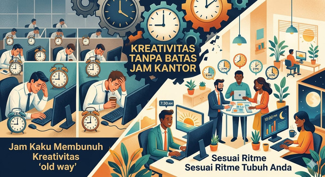 Ilustrasi kontras diagonal yang membandingkan dua dunia kerja. Sisi kiri menunjukkan suasana kantor kaku yang monoton dengan karyawan kelelahan dan stres akibat jam kerja konvensional. Sisi kanan menampilkan lingkungan kerja chronoworking yang cerah, hijau, dan dinamis, di mana para karyawan bekerja dengan produktif dan bahagia sesuai ritme biologis mereka masing-masing. Gambar ini dibuat oleh AI.