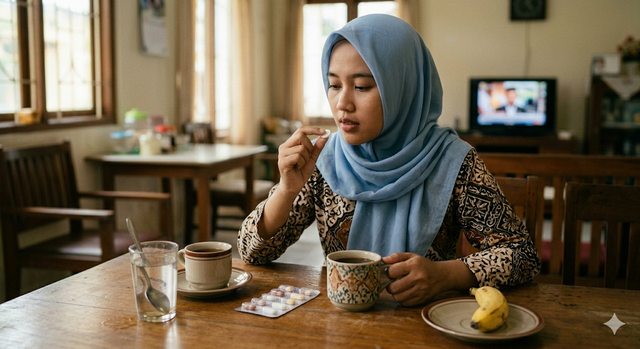 Ilustrasi seseorang meminum obat ditemani secangkir kopi atau teh di meja makan Oleh Gemini Ai.