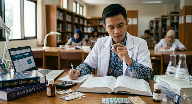 Ilustrasi mahasiswa farmasi memegang obat dan membaca informasi penggunaan obat Oleh Gemini Ai