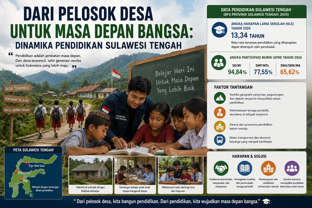 “Dari Pelosok Desa untuk Masa Depan Bangsa: Dinamika Pendidikan Sulawesi Tengah” menggambarkan perjuangan pendidikan di daerah terpencil demi menciptakan generasi bangsa yang berkualitas (Sumber foto: https://chatgpt.com/s/m_6a07ca20c9a481919b6fbf40e7c7cd95)