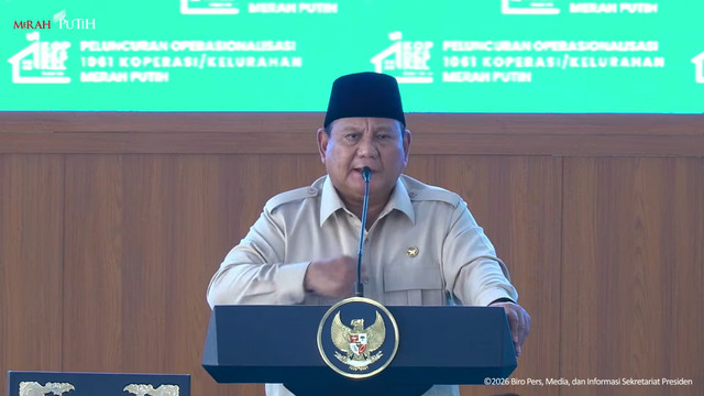 Presiden Prabowo berpidato saat Peresmian Operasionalisasi 1061 Koperasi Desa/Kelurahan Merah Putih, Kabupaten Nganjuk, (16/5/2026). Foto: YouTube/ Sekretariat Presiden