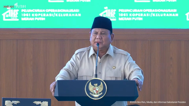 Presiden Prabowo berpidato saat Peresmian Operasionalisasi 1061 Koperasi Desa/Kelurahan Merah Putih, Kabupaten Nganjuk, (16/5/2026). Foto: YouTube/ Sekretariat Presiden