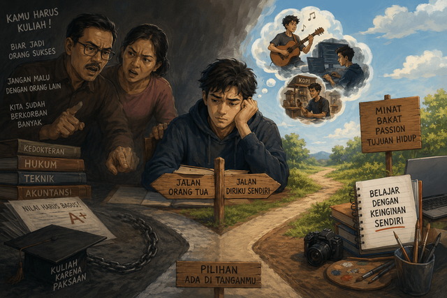 Ilustrasi ini menunjukkan konflik antara tekanan orang tua untuk kuliah dan keinginan anak menentukan masa depannya sendiri. Foto: Generated by AI