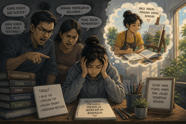 Ilustrasi ini menggambarkan tekanan dan paksaan dari orang tua terhadap anak, sementara anak sebenarnya ingin menjalani hidup sesuai mimpi dan passion-nya sendiri. Sumber: AI Pictures