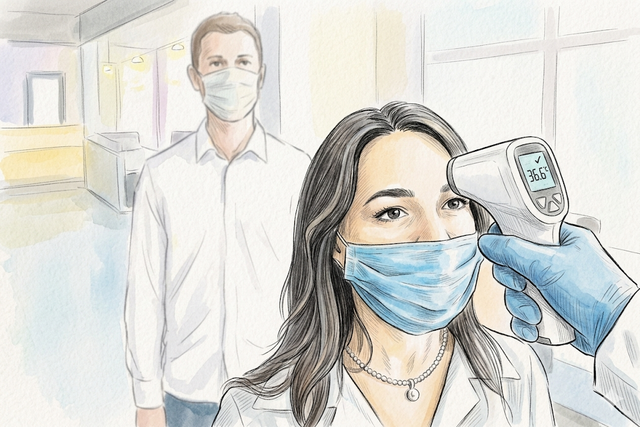 Ilustrasi seseorang sedang mengukur suhu tubuh dengan termometer.Photo by Gemini AI