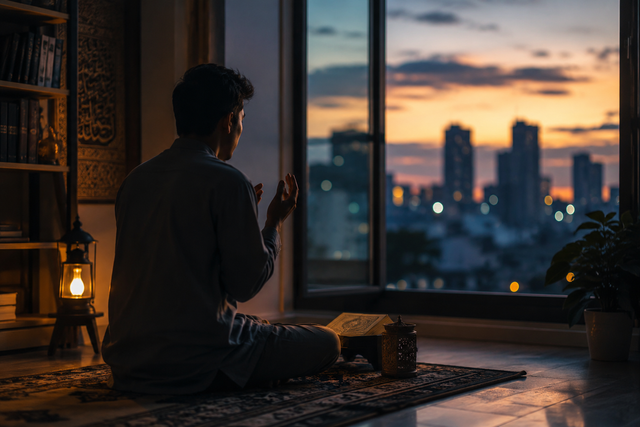 Ilustrasi seorang pria yang sedang duduk bersimpuh di atas sajadah sambil berdoa di tengah suasana malam yang tenang. Foto: Dokumentasi pribadi