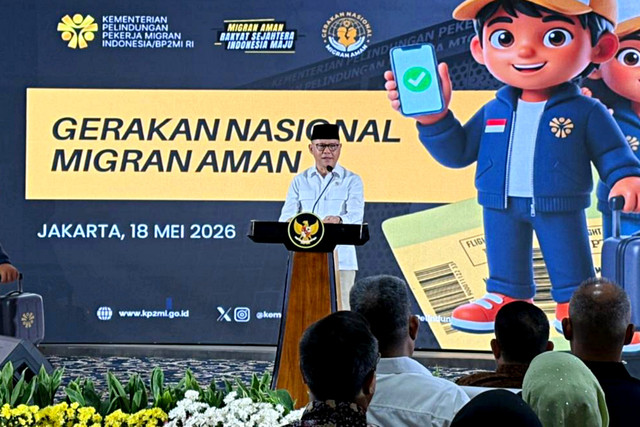Menteri Pelindungan Pekerja Migran Indonesia (P2MI), Mukhtarudin, saat memberikan sambutan dalam kegiatan Pencanangan Gerakan Nasional Migran Aman di Kantor Kementerian Pelindungan Pekerja Migran Indonesia/BP2MI, Jakarta, Senin (18/5/2026). Foto: Jeni Ritanti/kumparan