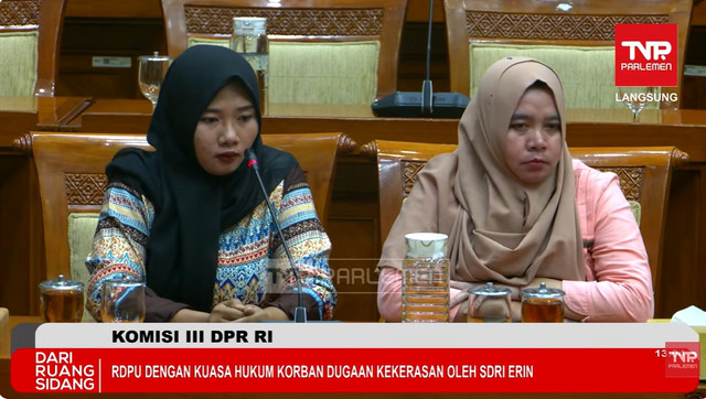 Komisi III DPR RI menggelar RDPU dengan kuasa hukum dan korban dugaan kekerasan di DPR RI, Jakarta, Senin (18/5/2026). Foto: YouTube/ TVR Parlemen