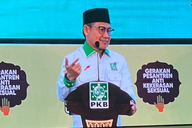 Ketua Umum Dewan Pengurus Pusat (DPP) PKB Muhaimin Iskandar memberikan sambutan saat menghadiri Temu Nasional Pondok Pesantren "Gerakan Pesantren Anti Kekerasan Seksual"di Grand Mercure Kemayoran, Jakarta, Senin (18/5/2026). Foto: Aditya Nugraha/kumparan