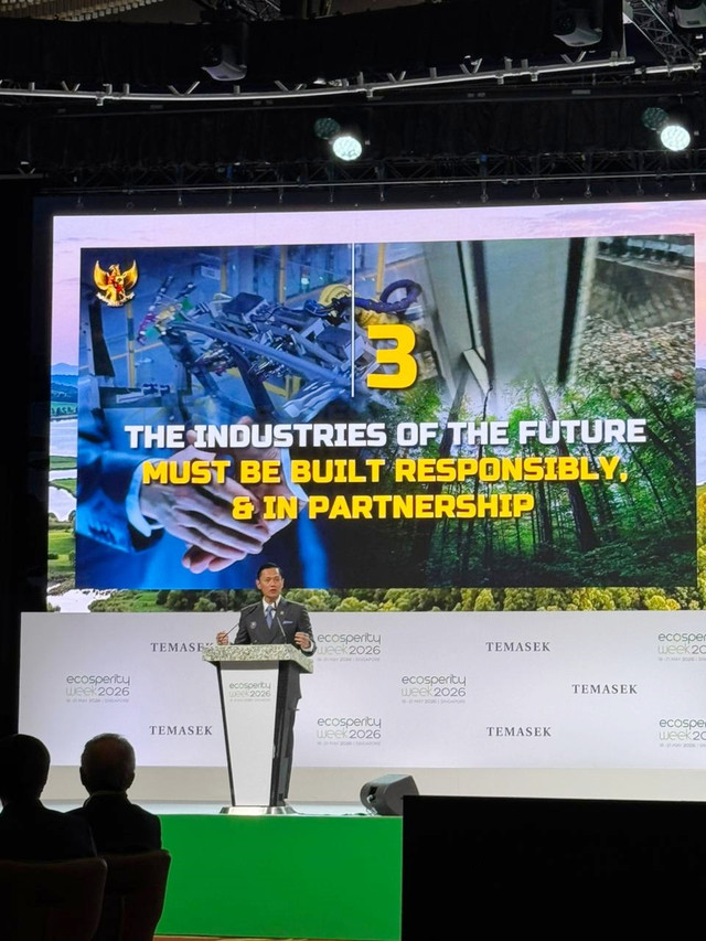 Menko Bidang Infrastruktur dan Pembangunan Kewilayahan Agus Harimurti Yudhoyono (AHY) memberikan keynote speaker saat menghadiri Ecosperity 2026 di Singapura. Foto: Kemenko IPK