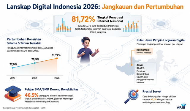 Lanskap Digital Indonesia 2026 (Sumber: Gambar diadaptasi dari Laporan Survei Penetrasi dan Perilaku Pengguna Internet Indonesia APJII, dibuat dengan dengan AI)