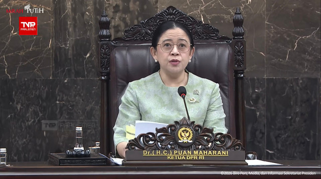 Ketua DPR RI, Puan Maharani memberikan sambutan dalam Rapat Paripurna DPR RI ke-19 Terkait KEM dan PPKF RAPBN 2027 di Gedung DPR, Kompleks Parlemen, Jakarta, Rabu (20/5/2026). Foto: YouTube/ Sekretariat Presiden