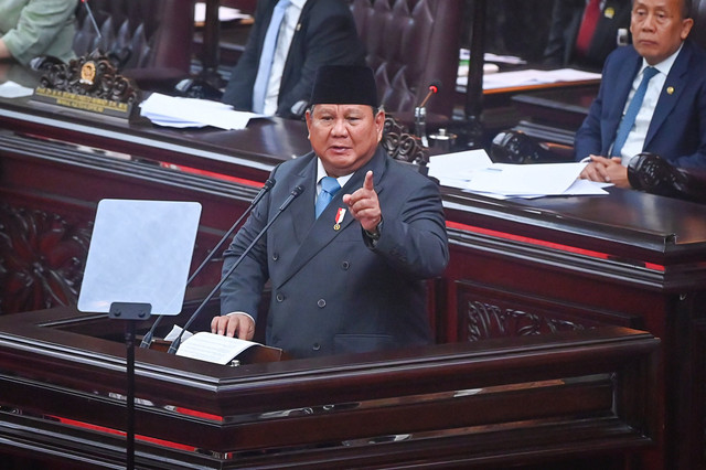 Presiden Prabowo Subianto menyampaikan pidato dalam Rapat Paripurna ke-19 DPR RI Masa Persidangan V Tahun Sidang 2025-2026 di kompleks Parlemen, Jakarta, Rabu (20/5/2026). Foto: Rivan Awal Lingga/ANTARA FOTO