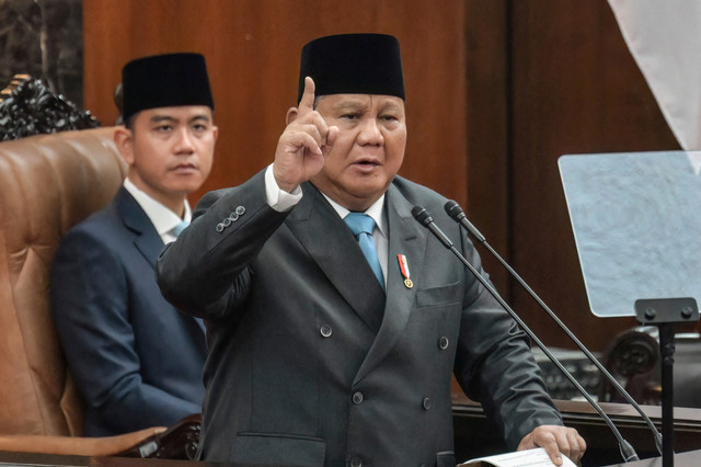Presiden Prabowo Subianto menyampaikan pidato dalam Rapat Paripurna ke-19 DPR RI Masa Persidangan V Tahun Sidang 2025-2026 di kompleks Parlemen, Jakarta, Rabu (20/5/2026). Foto: Bay Ismoyo/AFP