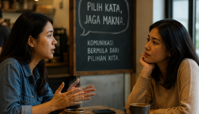Ilustrasi : menegaskan bahwa pilihan kata menentukan kualitas komunikasi, karena kata yang tepat dapat membangun pemahaman,dan hubungan yang lebih baik. sumber :Chatgpt