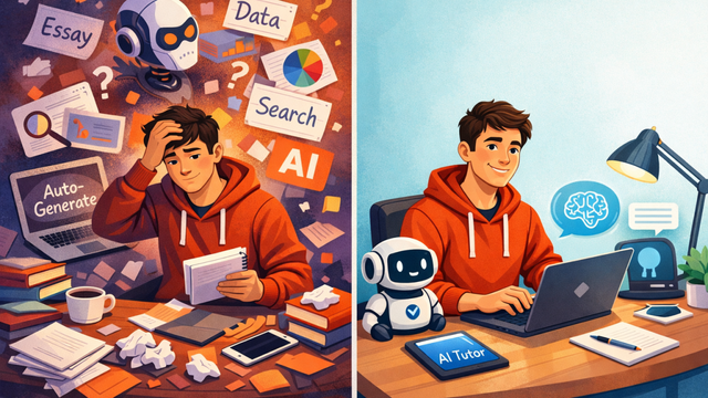 Ilustrasi ini menggambarkan kontras antara dua kondisi mahasiswa dalam menggunakan AI dalam proses belajar,.Foto Gemini AI