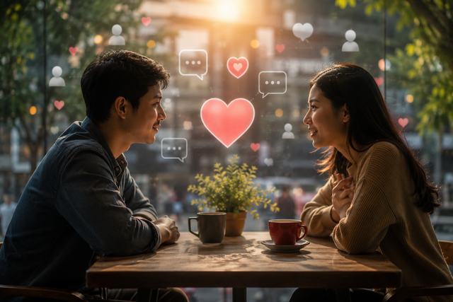 Dua orang berbincang hangat dengan empati dan ketulusan, mencerminkan komunikasi hati yang mampu menghadirkan makna di tengah derasnya interaksi digital yang sering dangkal.